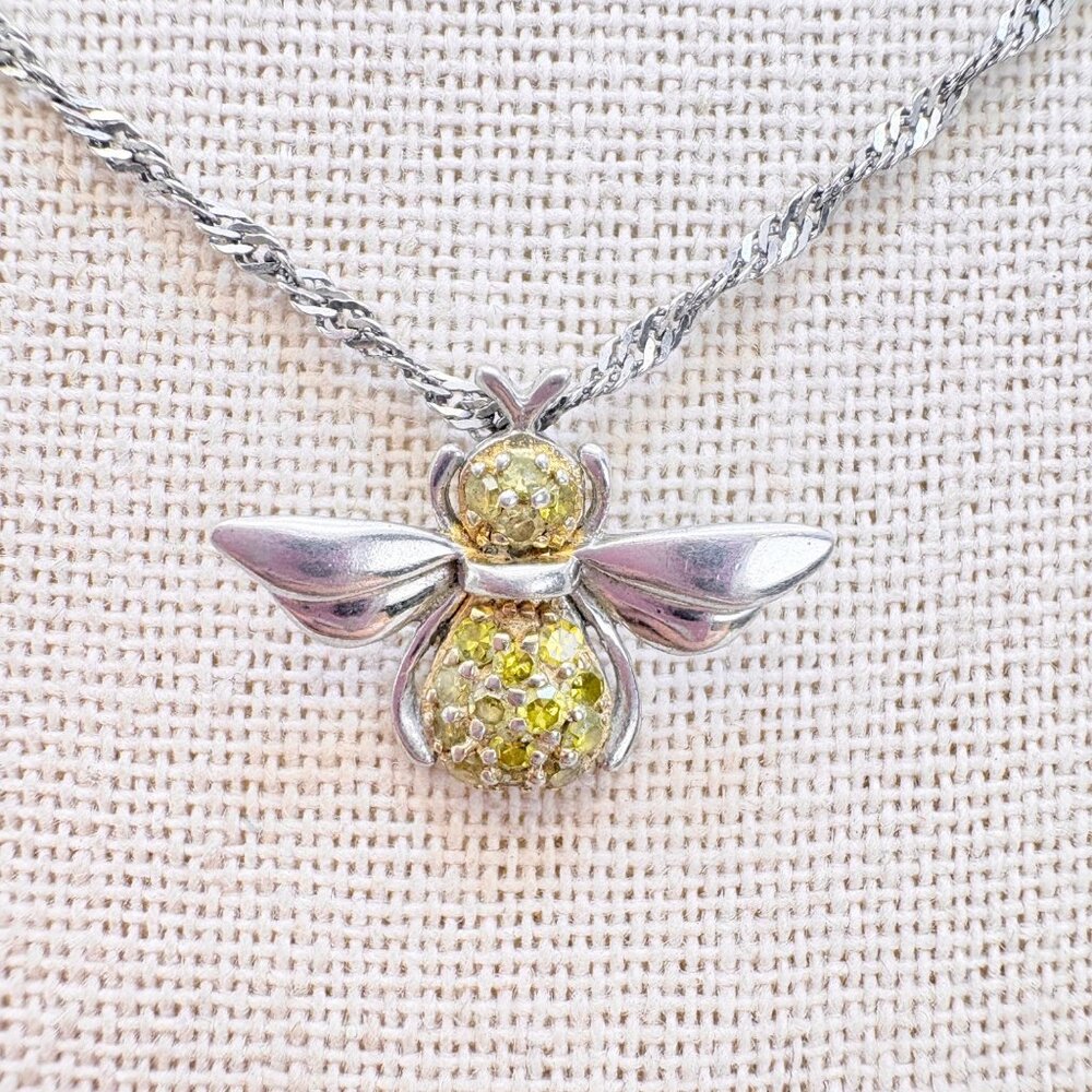 Sterling Silver 925 Yellow Cubic Zirconia Bee Pendant Necklace Size 18" Length